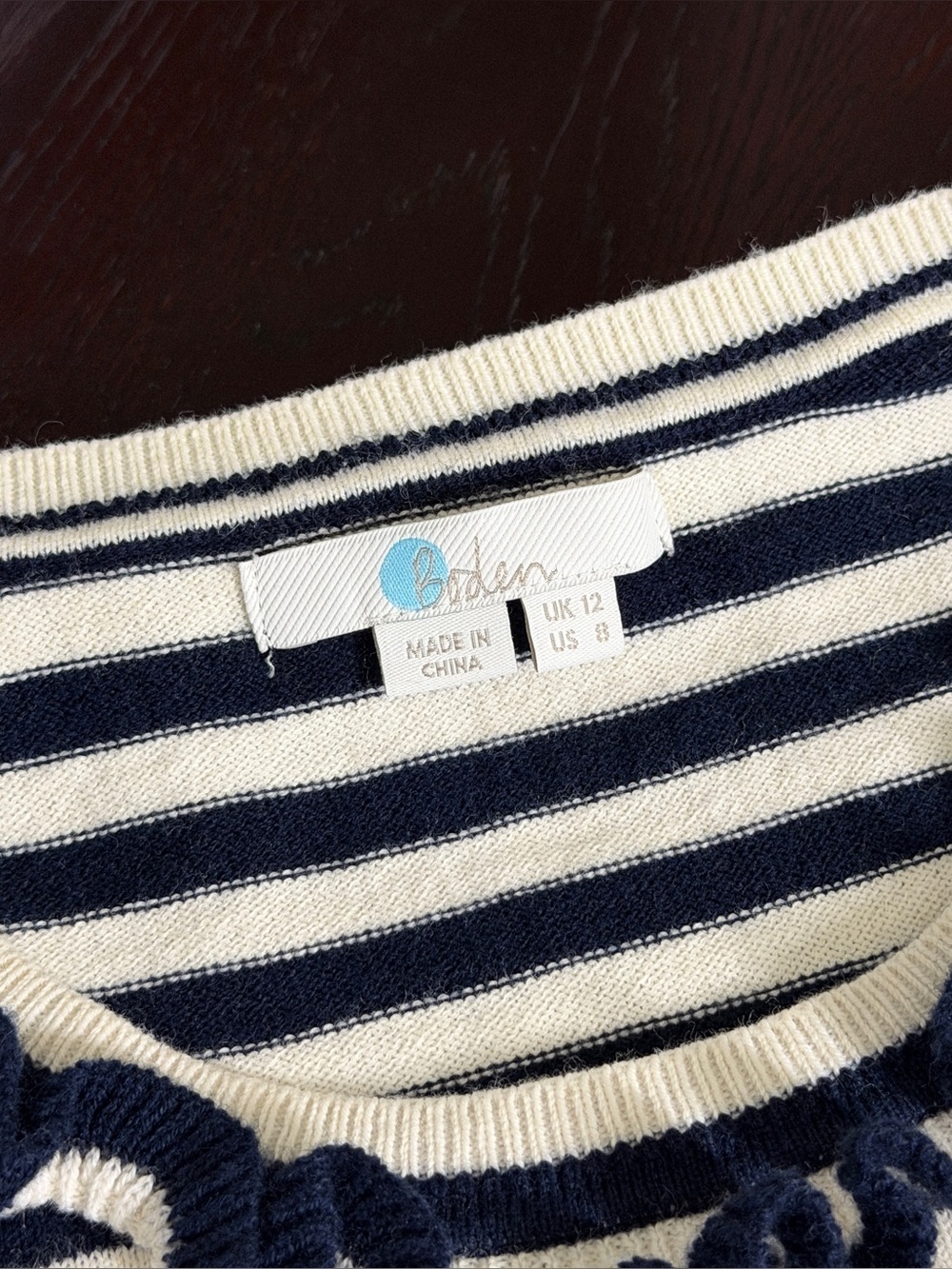 Boden 8 Blue White Stripe Wool Cotton Blend Ruffle Trim Sweater - Picture 6 of 9